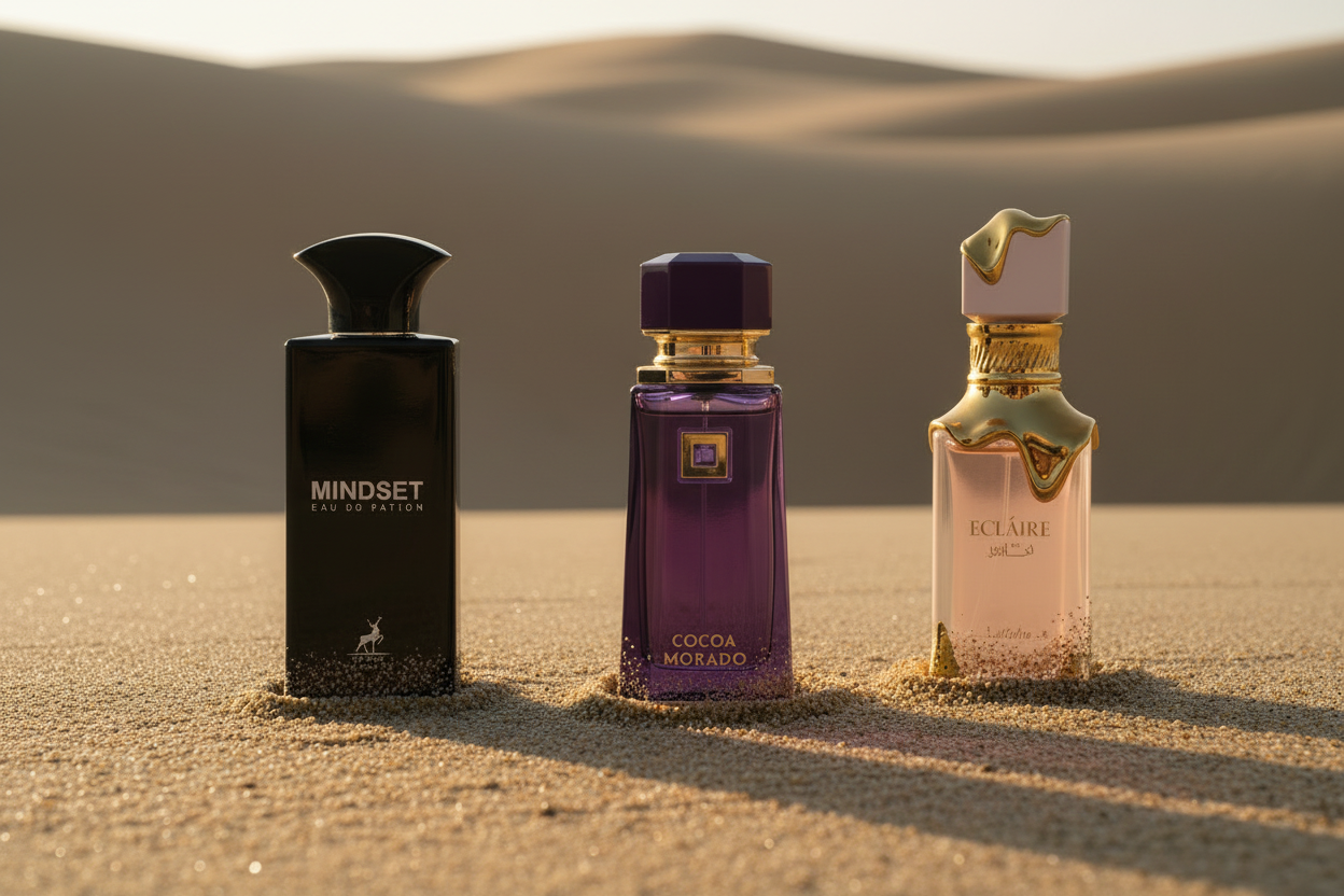 Trois parfums en gros plan avec dunes